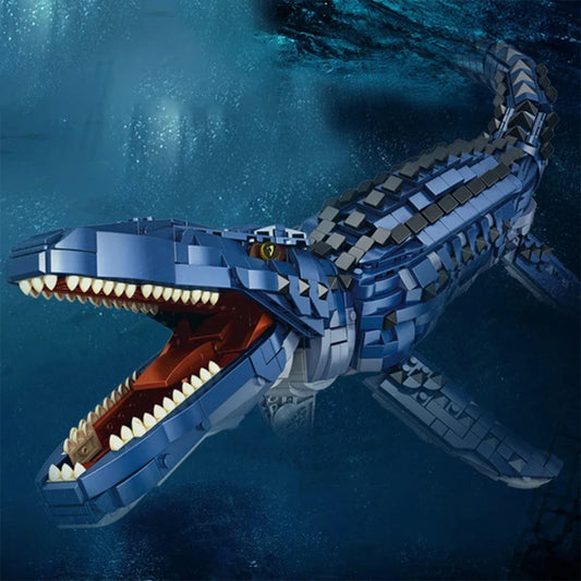 Large Mosasaurus Brick Toys: Big Dinosaur Figures including T. Rex, Jurassic Model Building Blocks featuring Dino Velociraptor, Brontosaurus, and Spinosaurus.