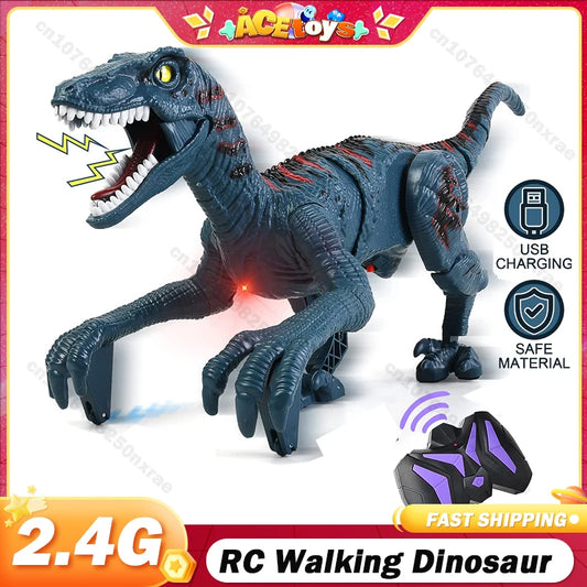 Electric Walking Remote Controlled Dinosaur Robot with Light RC Velociraptor Simulated Walking Toys for Kids Gifts 2.4G